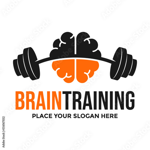 Brain exercise vector logo template. This logo with barbell symbol.