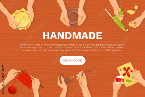 Handmade Hobby and Creative Art Workshop with Hands Doing Craft Above Vector Template