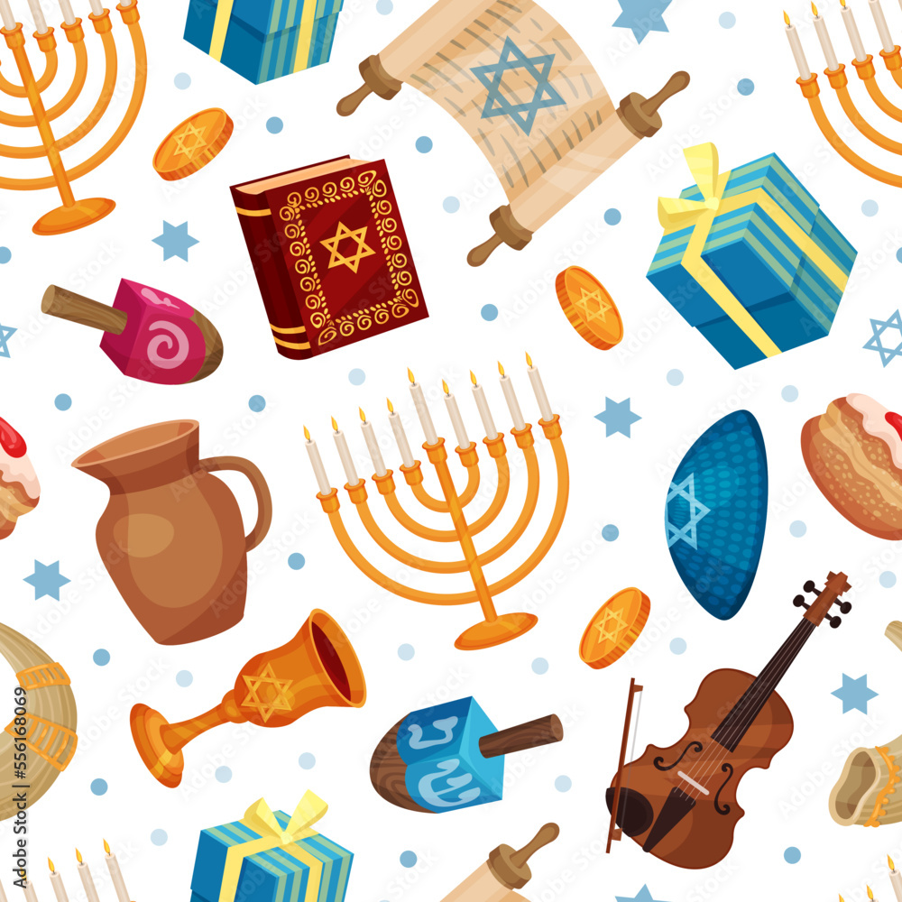 Happy Hanukkah Seamless Pattern with Traditional Jewish Symbols Vector Template