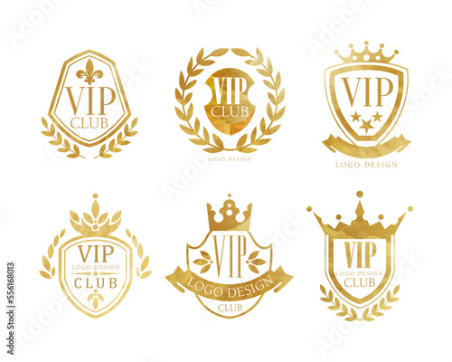Golden Vip Monograms with Laurel and Crown Vector Set