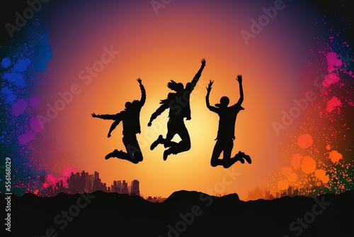 Happy friends silhouettes jumping on sunset. Generative AI