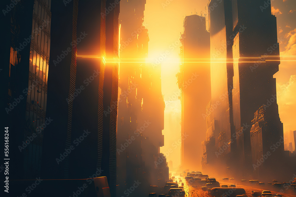 Cyberpunk City landscape with a sunset, Ai Generated Cyberpunk Wallpaper/ Background, Stock Illustration