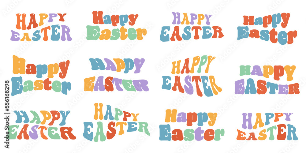 Happy Easter groovy hippie leterring in 70e trendy retro psychedelic style. Twisted and distorted easter text.Vector. Happy Easter groovy hippie leterring in 70e trendy retro psychedelic style. Twisted and distorted easter text.Vector.