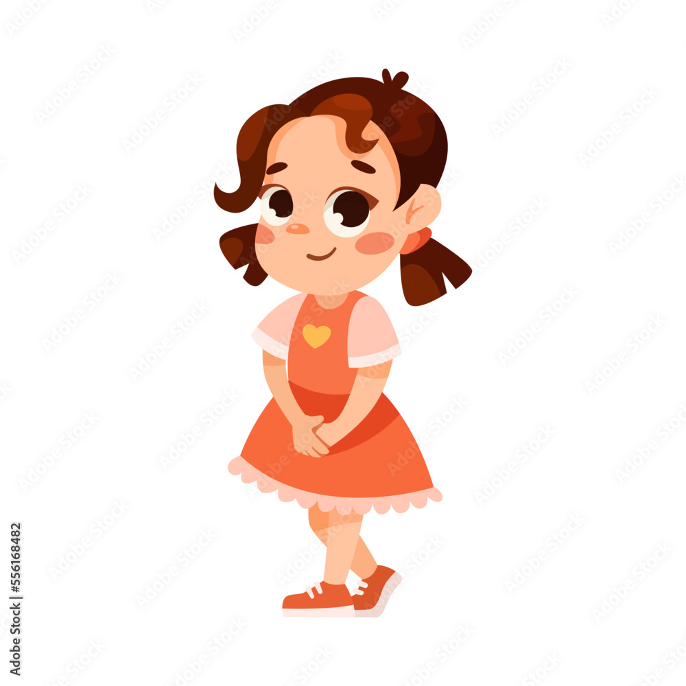 Funny Little Girl in Red Dress Expressing Emotion of Shyness Vector Illustration Funny Little Girl in Red Dress Expressing Emotion of Shyness Vector Illustration