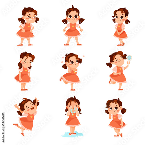 Funny Little Girl in Red Dress Expressing Different Emotion Vector Set