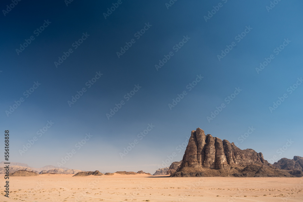 Seven Pillars of Wisdom or Jabal al-Mazmar Mountain in the Desert of Wadi Rum, Jordan