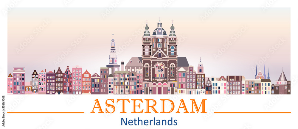 Amsterdam skyline in bright color palette vector illustration