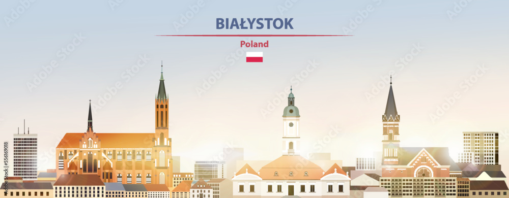 Bialystok cityscape on sunrise sky background with bright sunshine. Vector illustration