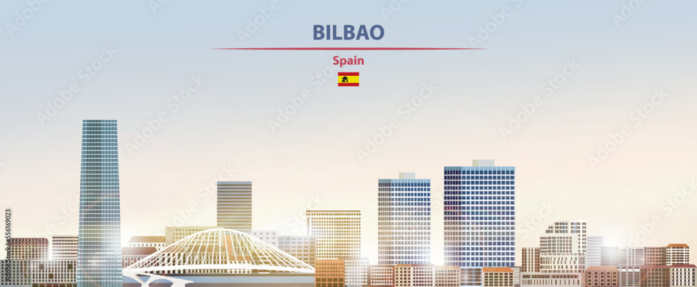Naklejka premium Bilbao cityscape on sunrise sky background with bright sunshine. Vector illustration