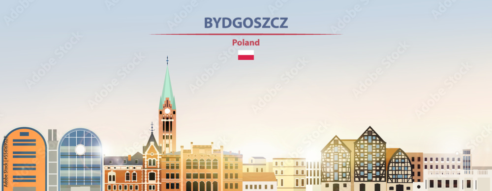 Bydgoszcz cityscape on sunrise sky background with bright sunshine. Vector illustration
