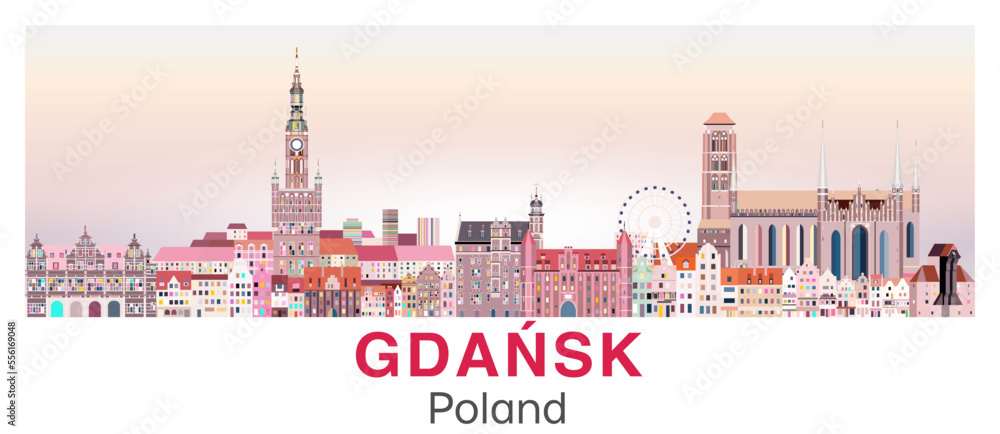 Gdansk skyline in bright color palette vector poster