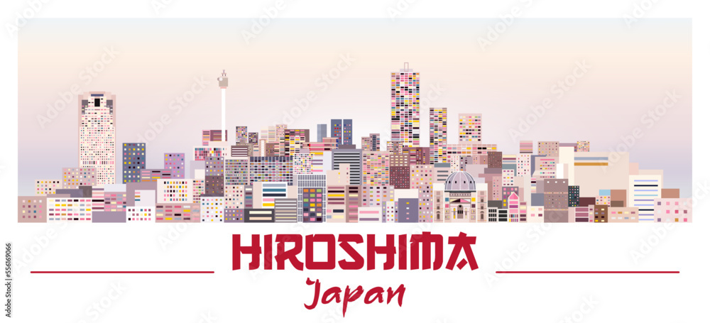 Fototapeta premium Hiroshima skyline in bright color palette vector illustration