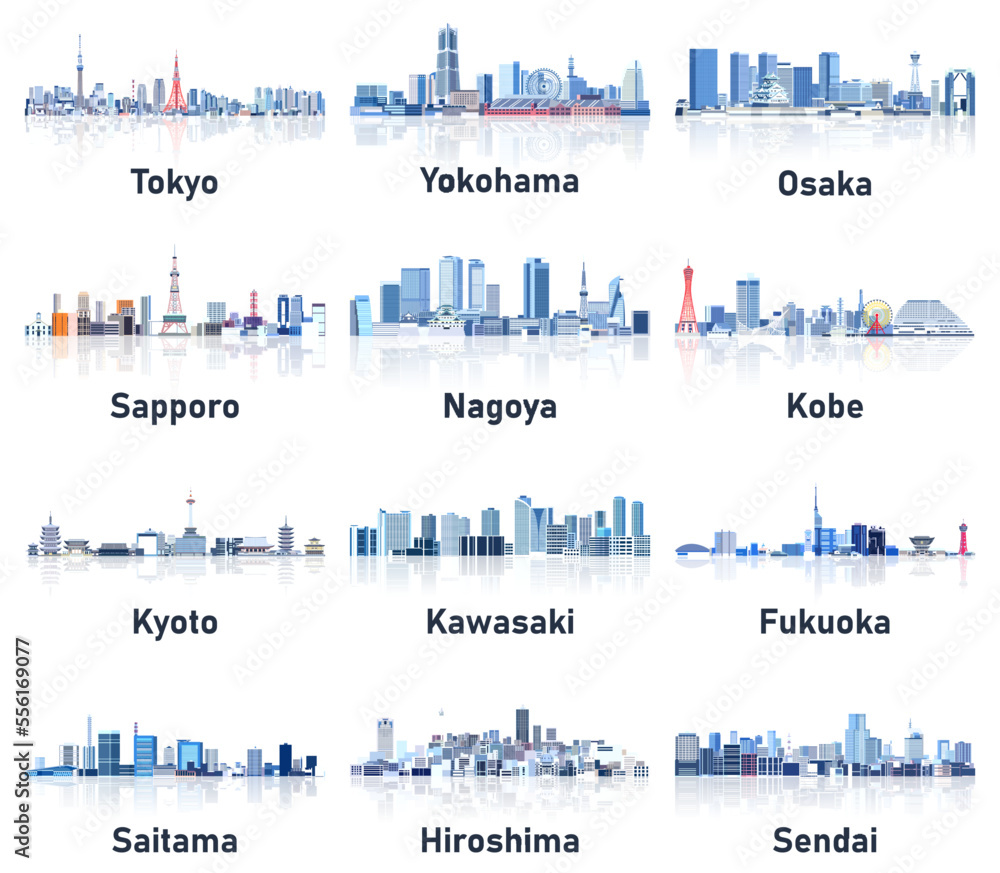 Japan cities skylines in soft cold tones color palette vector set. Crystal aesthetics style