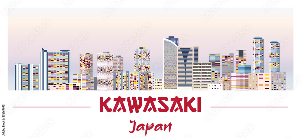 Kawasaki skyline in bright color palette vector illustration