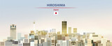 Hiroshima cityscape on sunrise sky background with bright sunshine. Vector illustration
