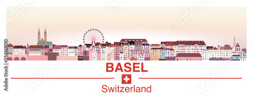 Basel skyline in bright color palette vector poster
