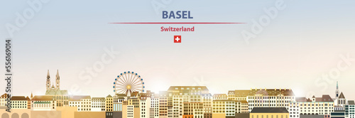 Basel cityscape on sunrise sky background with bright sunshine. Vector illustration