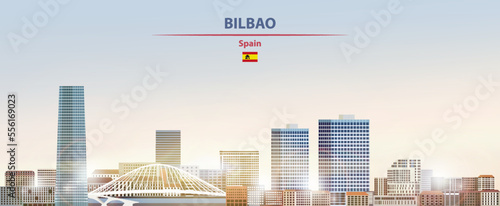 Bilbao cityscape on sunrise sky background with bright sunshine. Vector illustration