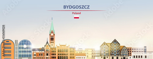 Bydgoszcz cityscape on sunrise sky background with bright sunshine. Vector illustration