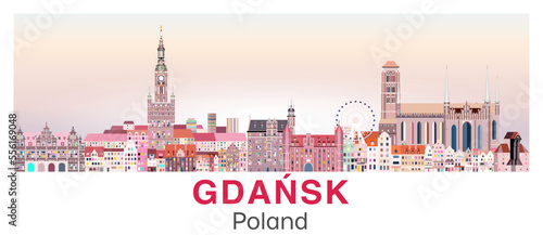 Gdansk skyline in bright color palette vector poster photo