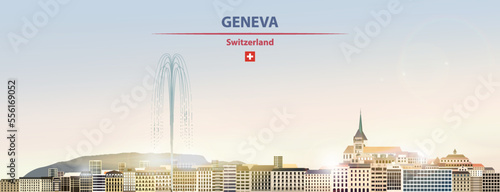 Geneva cityscape on sunrise sky background with bright sunshine. Vector illustration