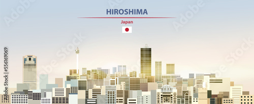 Hiroshima cityscape on sunrise sky background with bright sunshine. Vector illustration