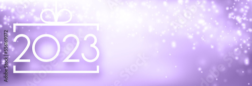 Banner with 2023 sign in square bauble frame on purple background.