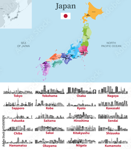Japan map with main cities on it. Japanese cities skylines illustrations in black and white color palette. Vector set