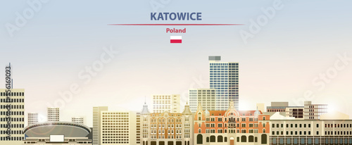 Katowice cityscape on sunrise sky background with bright sunshine. Vector illustration