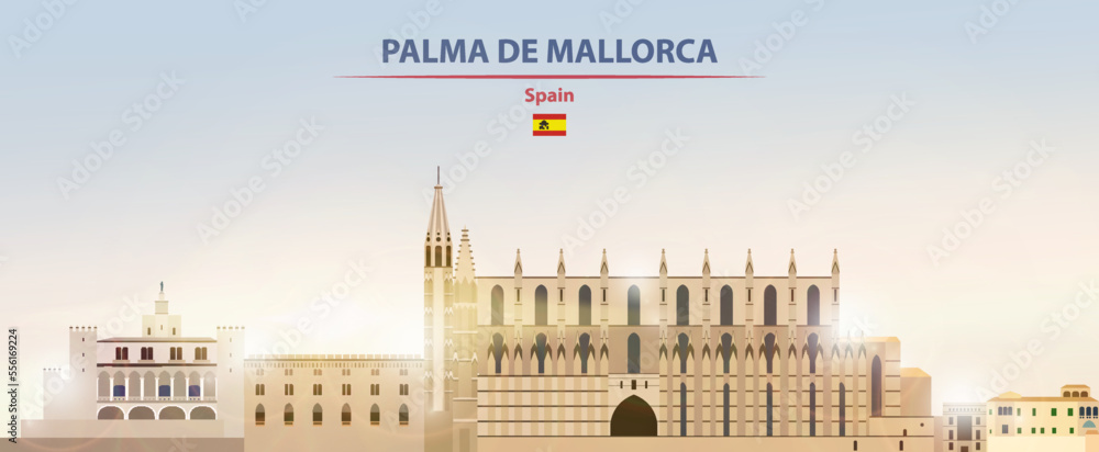 Palma de Mallorca cityscape on sunrise sky background with bright sunshine. Vector illustration