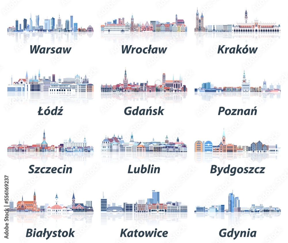 Poland cities skylines in soft cold tones color palette vector set. Crystal aesthetics style - obrazy, fototapety, plakaty 
