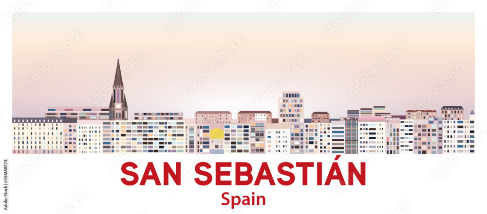 San Sebastian skyline in bright color palette vector illustration
