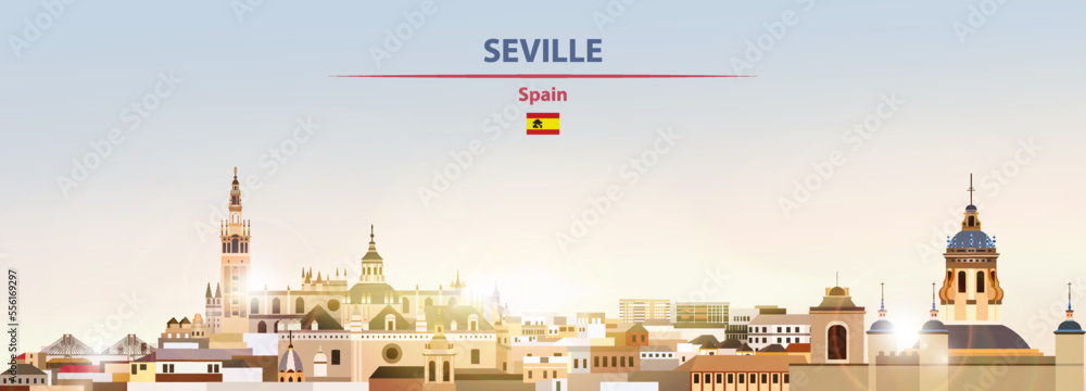 Obraz premium Seville cityscape on sunrise sky background with bright sunshine. Vector illustration
