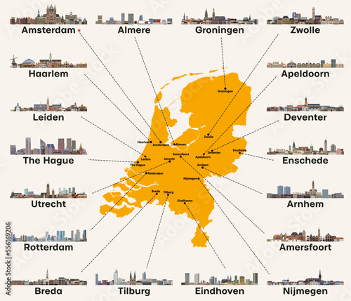 Netherlands map with main cities skylines. Vector illustration