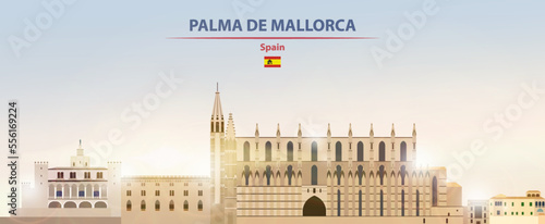 Palma de Mallorca cityscape on sunrise sky background with bright sunshine. Vector illustration