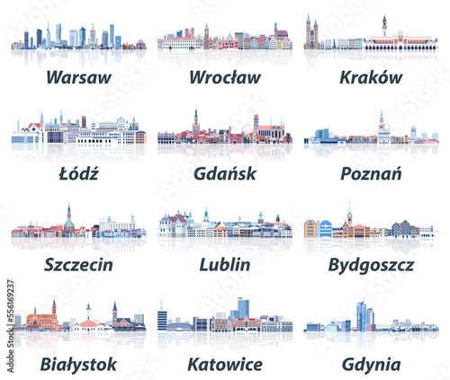 Poland cities skylines in soft cold tones color palette vector set. Crystal aesthetics style