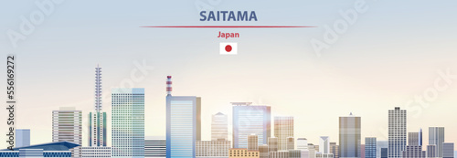 Saitama cityscape on sunrise sky background with bright sunshine. Vector illustration