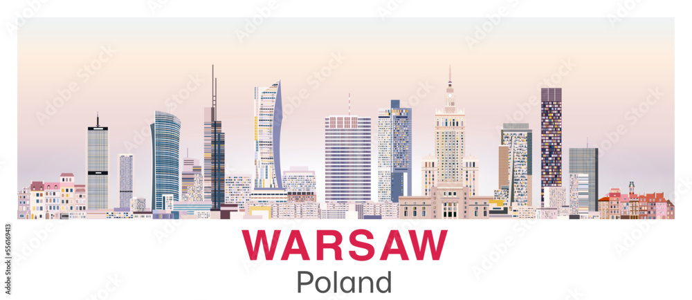 Warsaw skyline in bright color palette vector poster