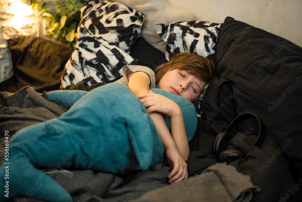 Obraz premium the boy fell asleep hugging the shark. the child lies in his bed on a pillow, with black and white linens