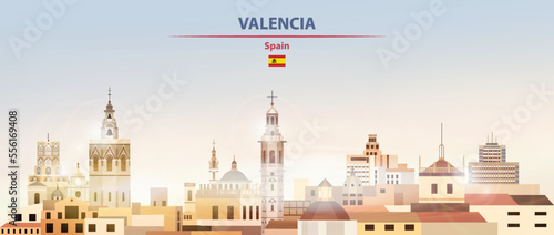 Valencia cityscape on sunrise sky background with bright sunshine. Vector illustration