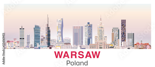 Warsaw skyline in bright color palette vector poster