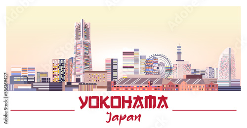 Fotografía Yokohama skyline in bright color palette vector illustration