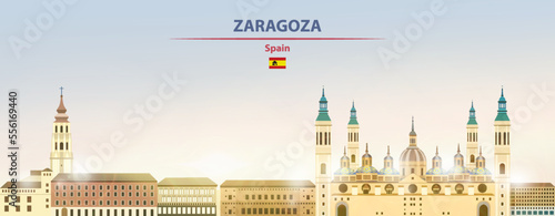 Zaragoza cityscape on sunrise sky background with bright sunshine. Vector illustration