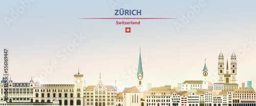 Zurich cityscape on sunrise sky background with bright sunshine. Vector illustration