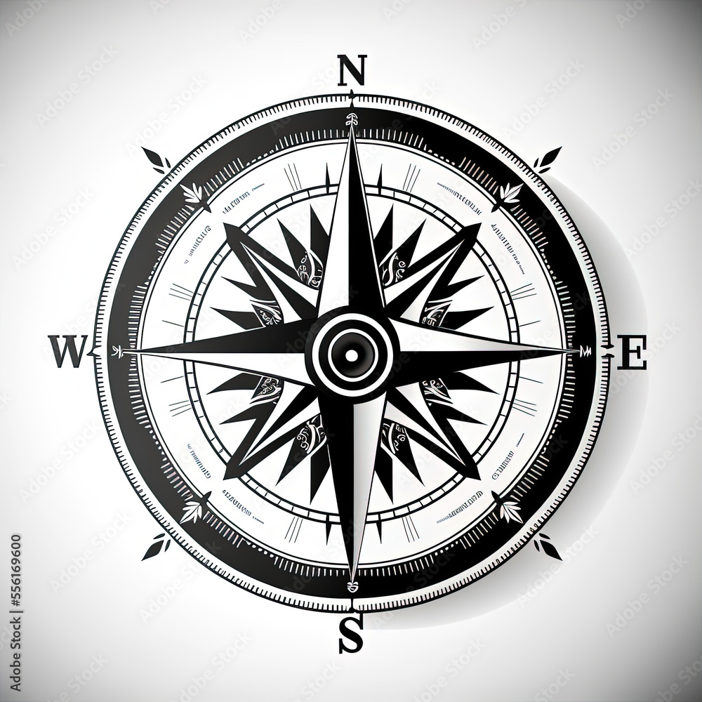 compass design, detailed, intricate, black and white on a flat white background