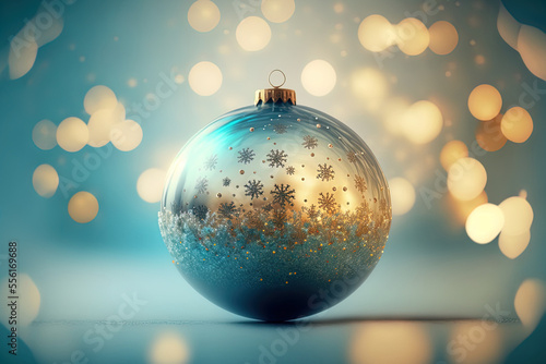 Christmas ball on a light blue backdrop with bokeh. Generative AI