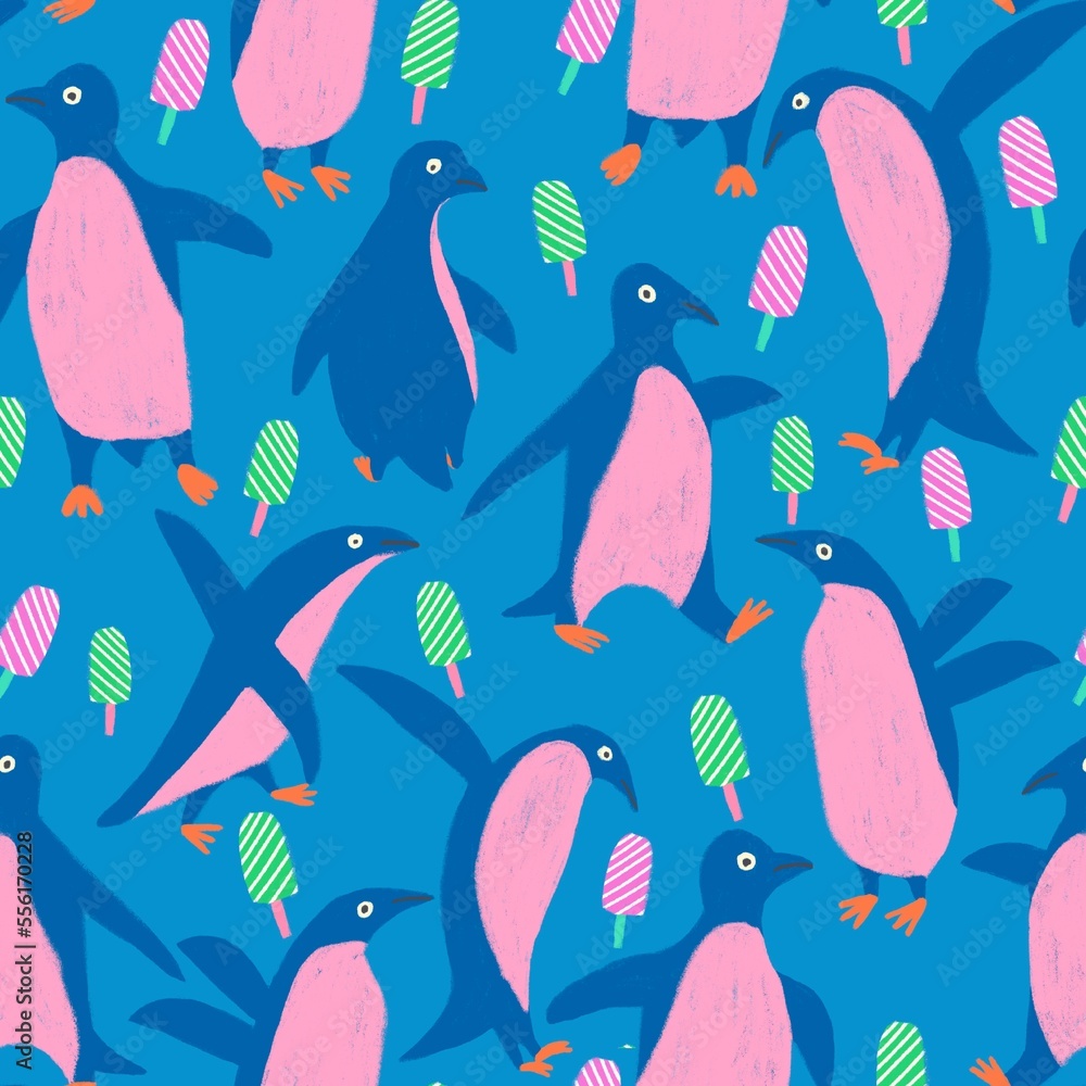 Obraz premium Cute penguins and ice cream seamless pattern. Funny birds on blue background. 