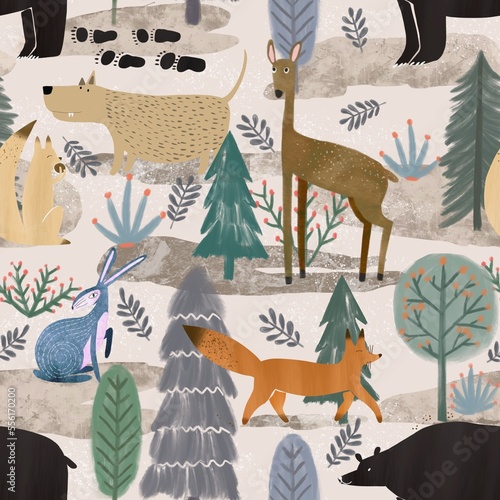 Wild animals in the forest seamless pattern. Deer, fox, bear, squirrel, rabbit in the trees. Doe kids repeated texture. 