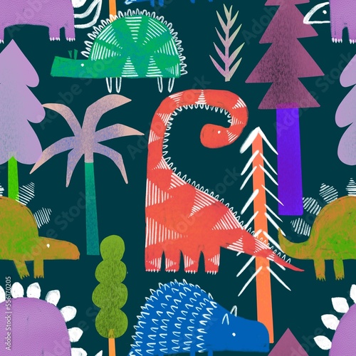 Cute dinosaurs in the forest seamless pattern. Dino and trees on dark background. For kids repeated texture. 