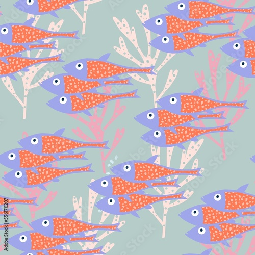 Fish in the corals seamless pattern. Cute sea life repeated texture. 
